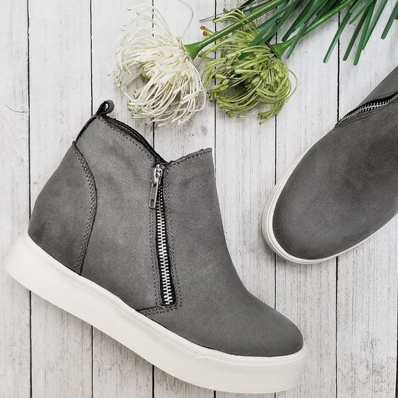 New Gray Zipper Hidden Wedge High Top Sneakers - Picture 1 of 4